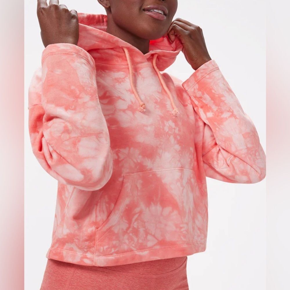 Outdoor Voices L/XL Cropped Pink Peach Tie Dye Hoodie Athletic Loungewear